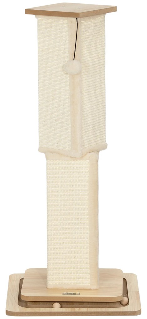 PawHut 3-w-1 Drapak z torami do zabawy, piłką i sizalem, do 10 kg, 39,5 x 39,5 x 87 cm, Dąb/Kremowy