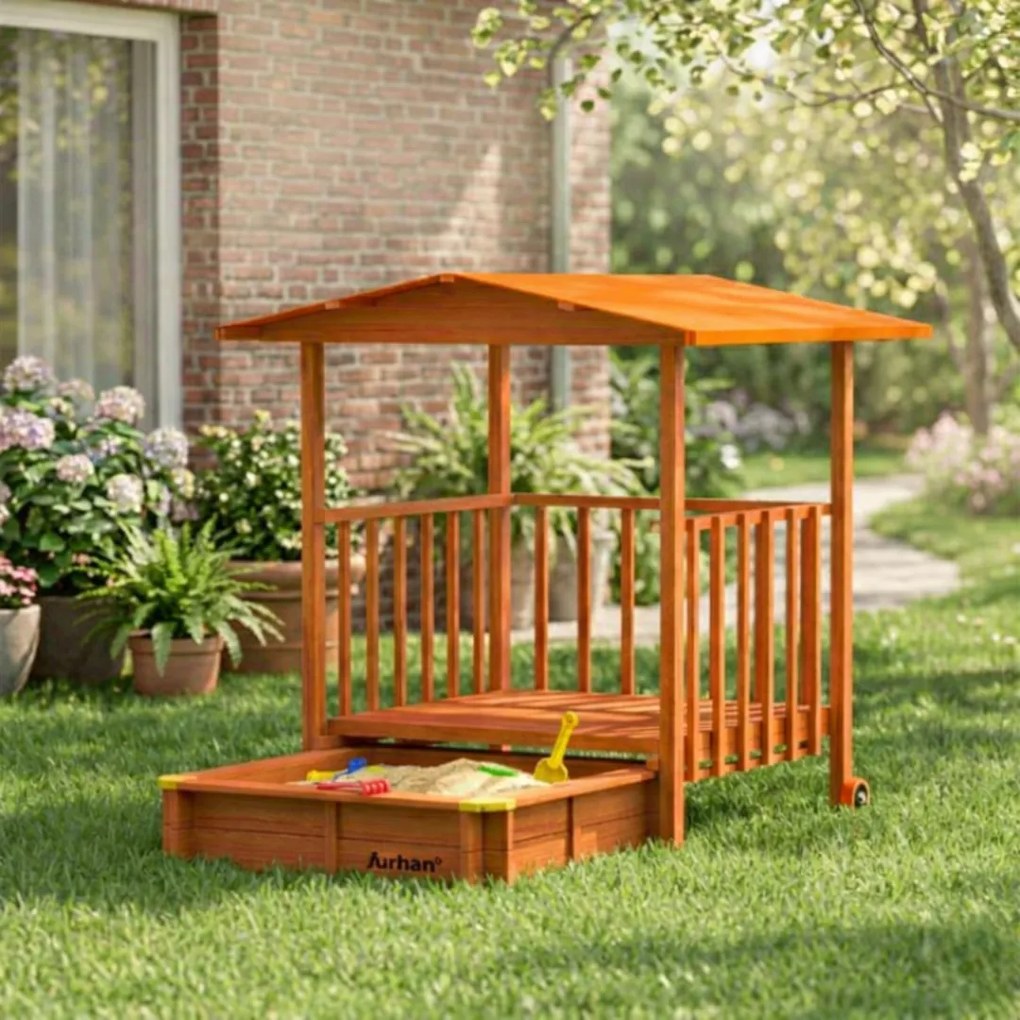 Piaskownica z werandą SUNNY, 130x130x143cm, brązowa/pomarańczowa Jurhan