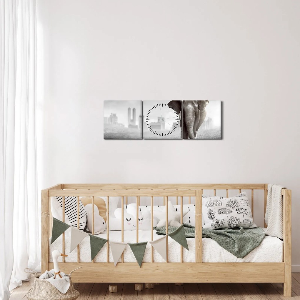 Obraz - Słonie w wielkim mieście, wersja czarno - biała (z zegarem) (90x30 cm)