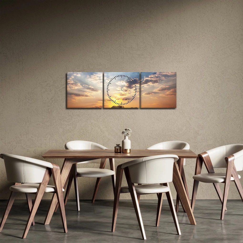 Obraz - Słonie wędrujące po sawannie (z zegarem) (90x30 cm)