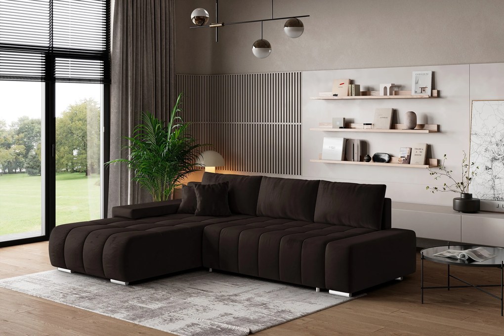 Masseno Narożnik ALESE z funkcją spania i pojemnikiem na pościel Narozniki L, Rozkładana sofa - Brązowy, MONOLITH 29