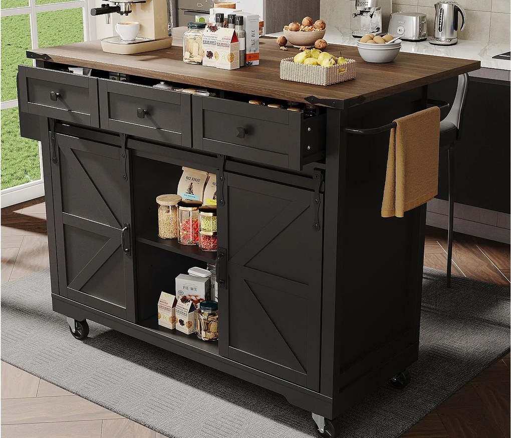 Mobilna wyspa kuchenna - blat rozsuwany - z 3 szufladami i 2 drzwiami przesuwnymi - z wieszakiem na ręczniki - MDF - czarny + naturalny