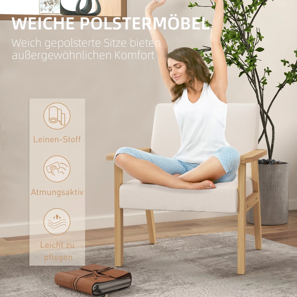 HOMCOM Fotel tapicerowany z podłokietnikami, krzesło do jadalni w wyglądzie lnu, rama z litego drewna, 64 x 70 x 72 cm, kremowy