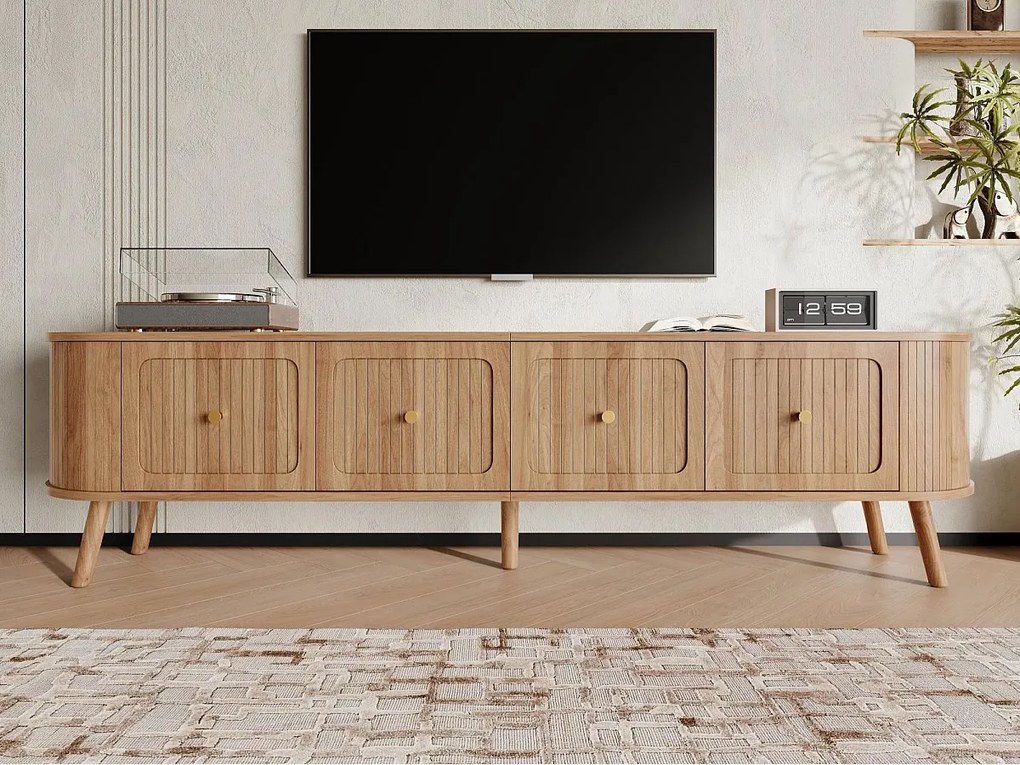 Nowoczesne meble TV 180x38x47 cm - 4 drzwi - złocone uchwyty - nogi drewniane - naturalny