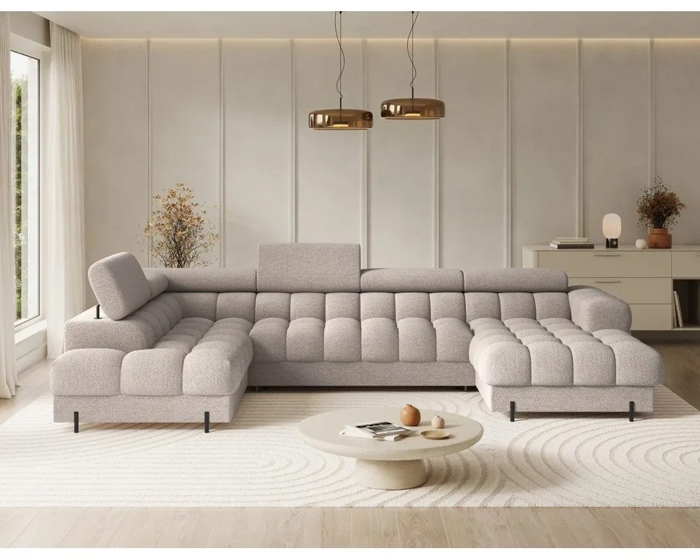 Beżowy rozkładany narożnik z materiału bouclé (lewostronny/w kształcie litery U) Feraria – ELTAP