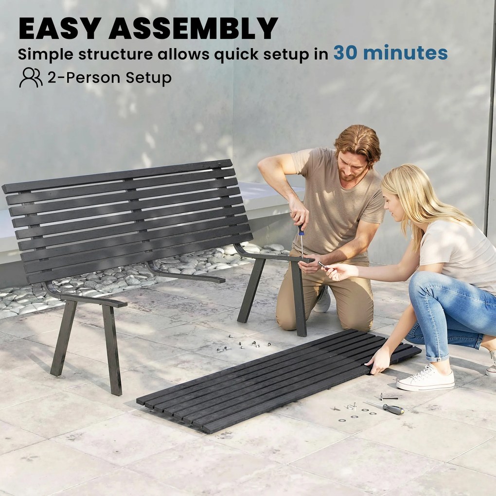 Outsunny Ławka ogrodowa 3-osobowa, odporna na warunki atmosferyczne, metalowa, z szerokim siedziskiem, lamelowy design, nośność 240 kg, 154 x 68 x 88 cm | Aosom PL