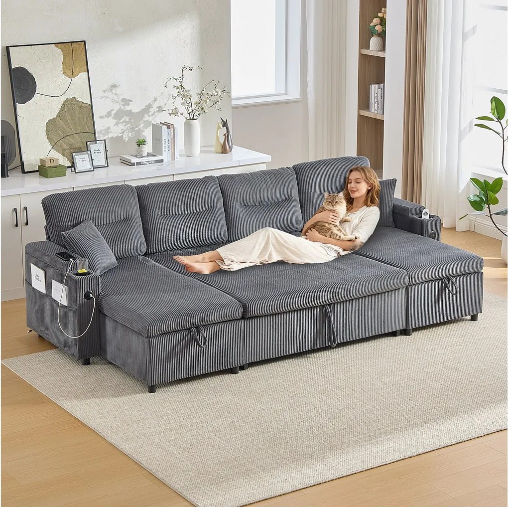 Sofa 4-osobowa z szezlongami ze schowkiem - 272 x 136 x 86 cm - z uchwytami na kubki + port USB + wysuwane łóżko - aksamit - szary