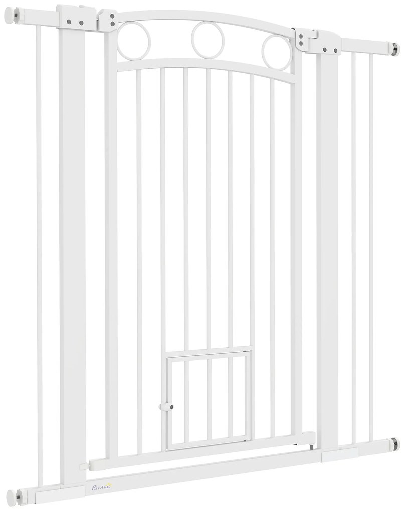 PawHut 106 cm Wysoka Bramka dla Zwierząt z Regulacją Szerokości, Wbudowane Drzwiczki dla Kota, dla Schodów i Drzwi, Biała