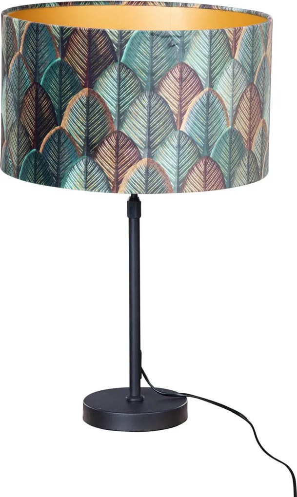 Lampka stołowa czarna z aksamitnym abażurem w designie liści i złotym wnętrzem - Parte