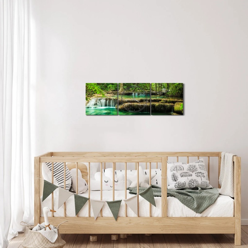 Obraz - Zielony wodospad (z zegarem) (90x30 cm)