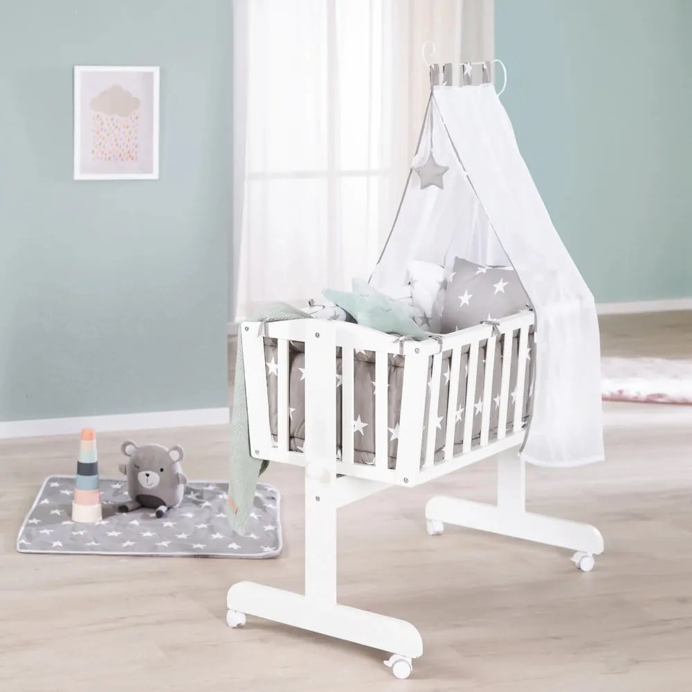 Biała kołyska na kółkach z baldachimem 40x90 cm Little stars – Roba