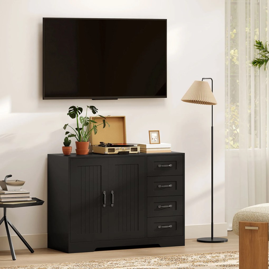 HOMCOM Szafka boczna, komoda, nowoczesny styl, 4 szuflady, 1 szafa, 105 x 40 x 76 cm, Czarny