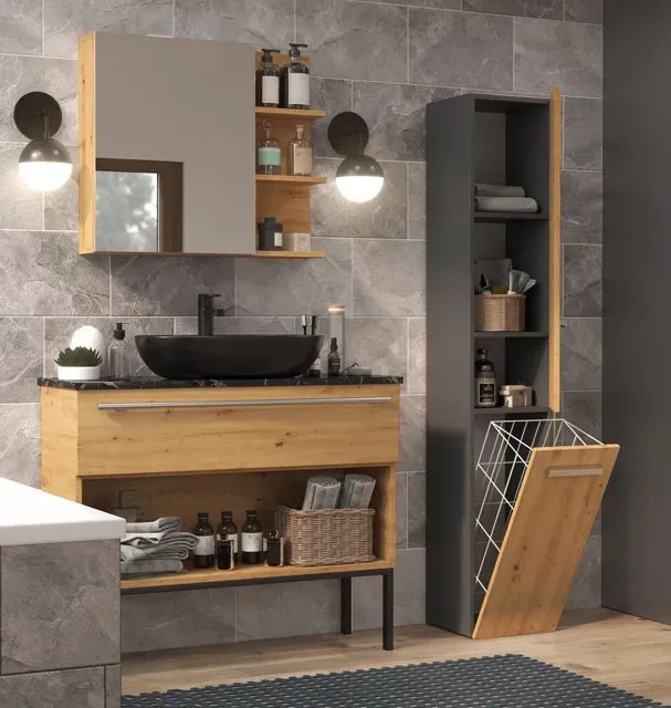 Wąska Szafka Łazienkowa Z Koszem Dąb Artisan Antracyt N2-F31