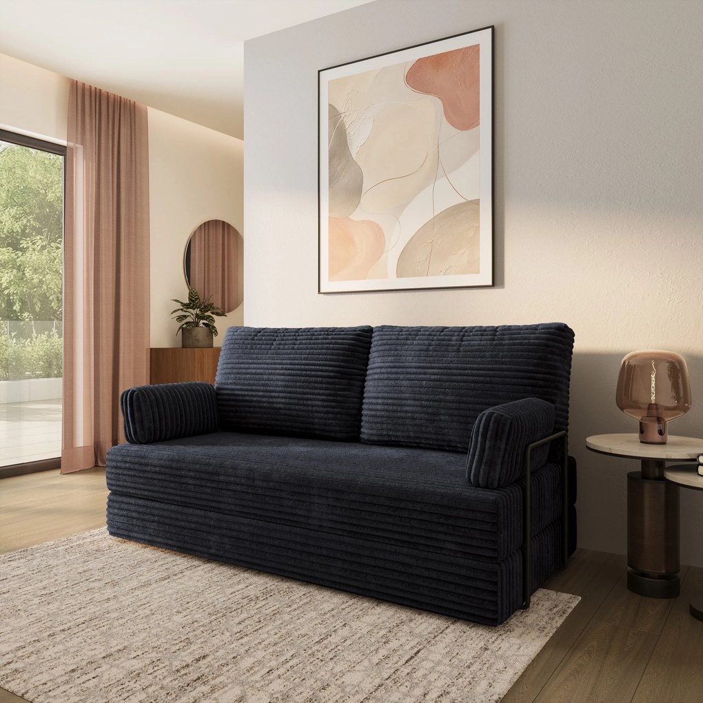 Masseno Sofa piankowa SILAR z funkcją spania, Kanapa z pianki do salonu, Bezmontażowa, Tkanina sztruksowa – Czarny TILIA 100
