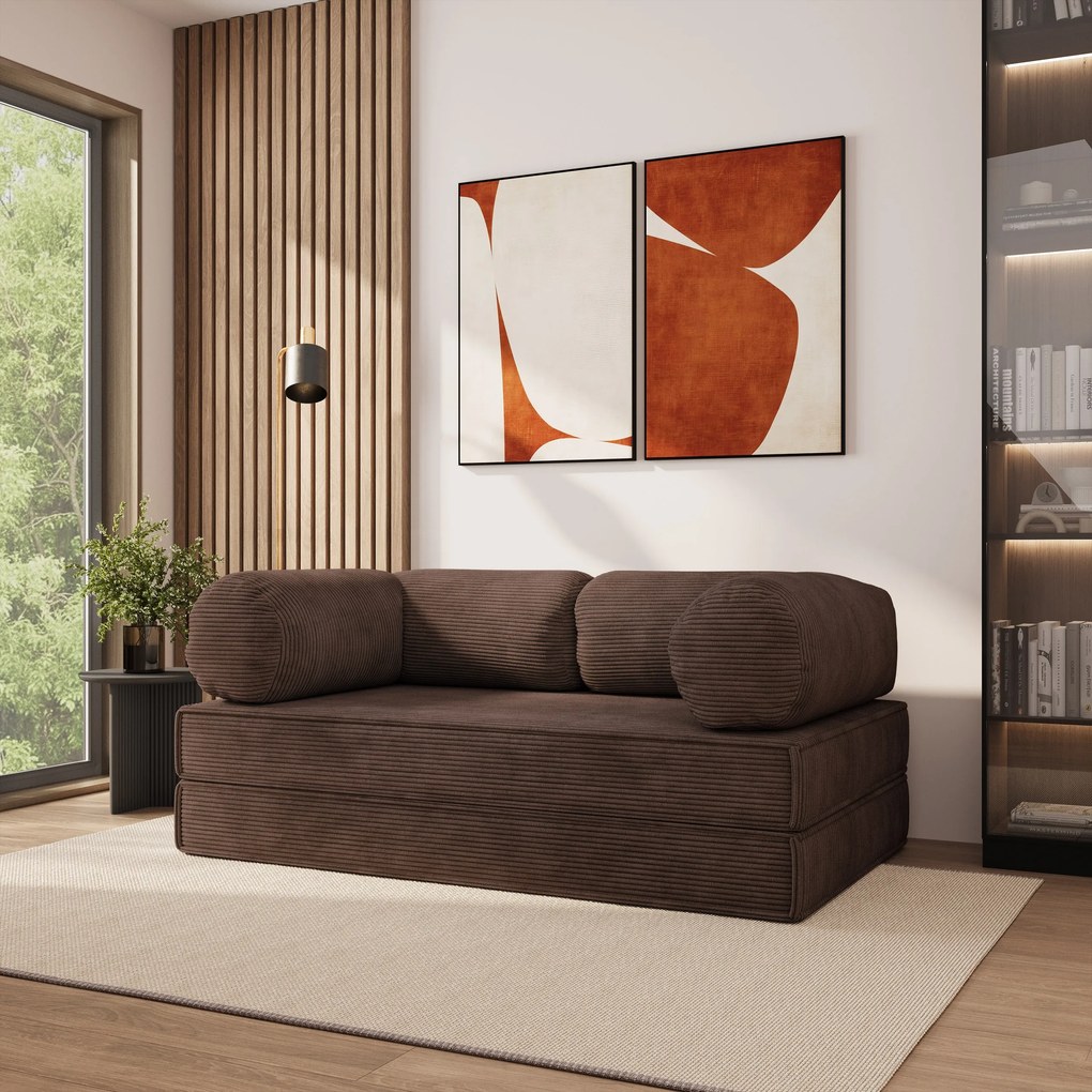Masseno Sofa piankowa ALVIO z funkcją spania, Kanapa z pianki do salonu, Bezmontażowa, Tkanina sztruksowa – Brązowy POSO 06