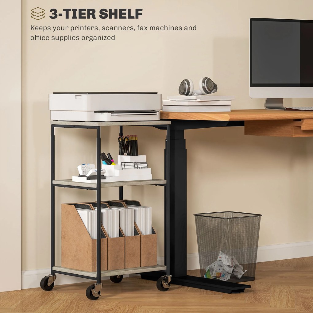 HOMCOM Stojak na Drukarkę z 3 Poziomami, Regulowany, Mobilny Biurkowy Stolik na Drukarkę, dla Home Office, Metal i Drewno