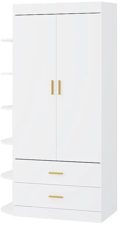 Szafa 2-drzwiowa z 2 szufladami i 6 półkami - szer. 100 cm - Biała i złota - GRIMORI