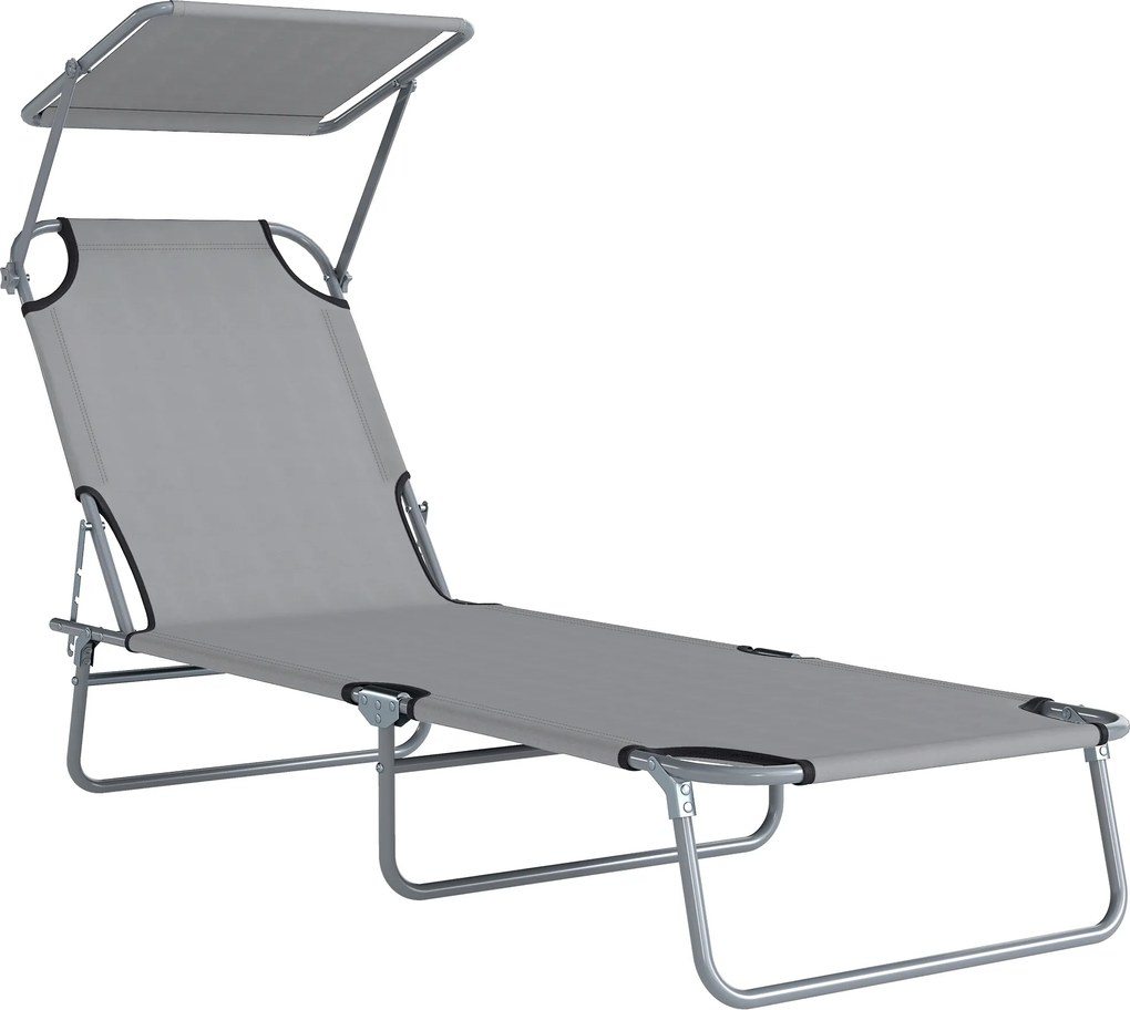 Outsunny Leżak ogrodowy składany z daszkiem przeciwsłonecznym na plażę wellness szary 187x58x36 cm | Aosom PL