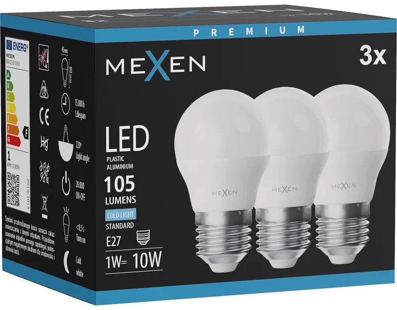 Mexen Nova 3x żarówka LED E27, G45, 1W, Zimna - 6500K, 105 lm - L101-E27-0165-01x03