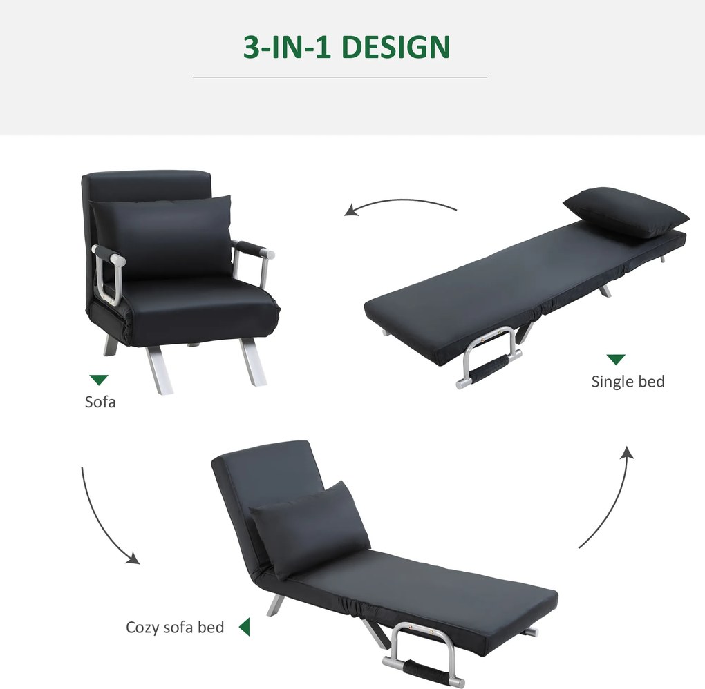 HOMCOM fotel z funkcją spania i łóżka sofa do spania 5-stopniowa regulacja oparcia do 120 kg 65x69x80 cm z poduszką czarny | Aosom PL