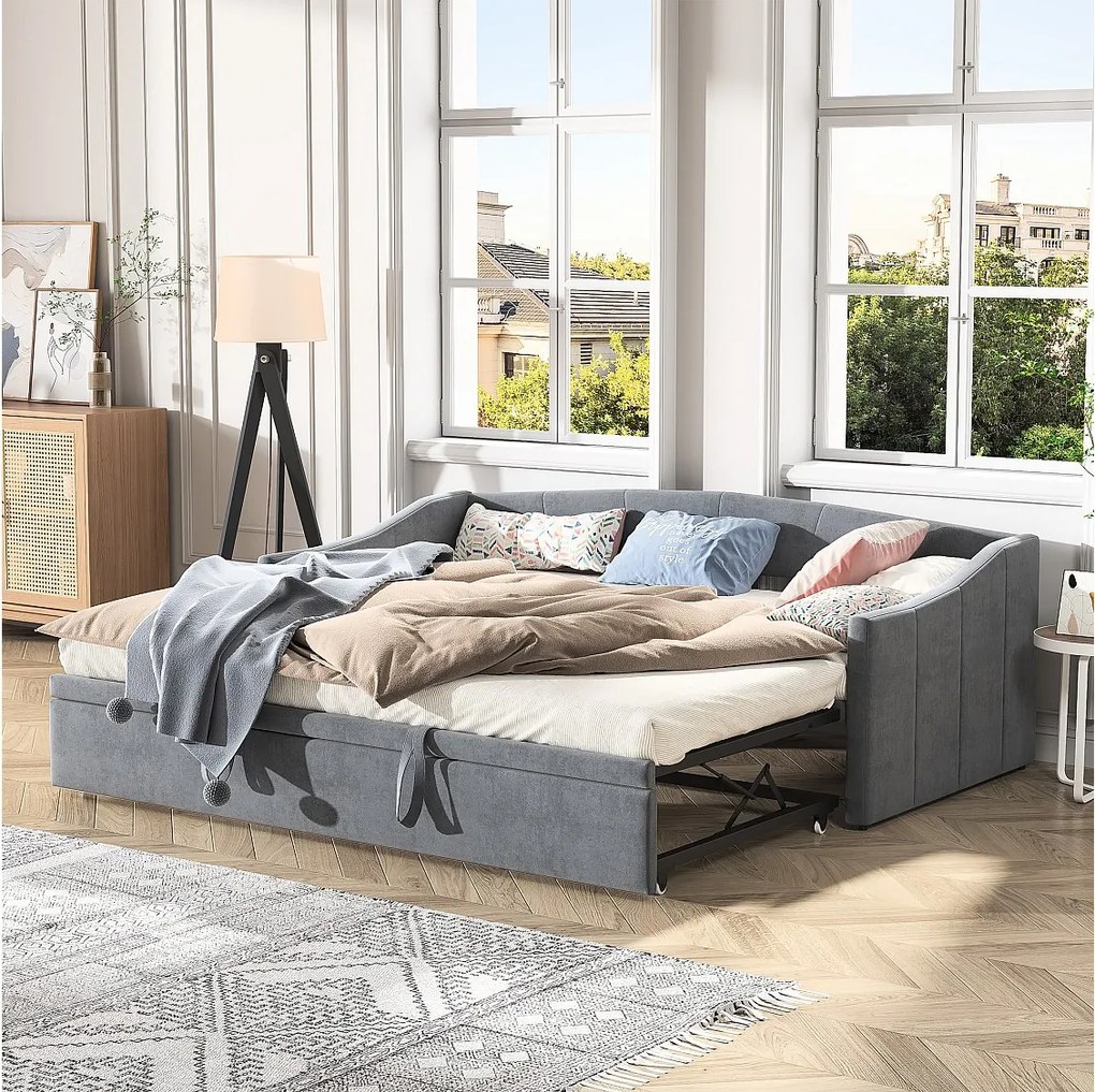 Łóżko wysuwane 90/180x200 cm - łóżko rozkładane z stelażem z listew - w tkaninie aksamitnej - Szare