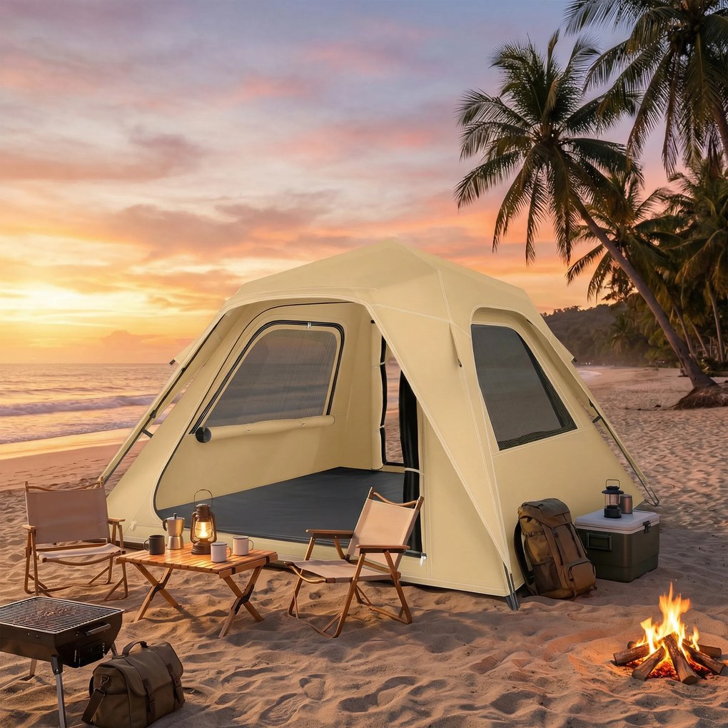 Outsunny Ekspresowy namiot pop-up z ochroną przed deszczem, wodoodporny namiot kopułowy dla 3-4 osób z 2 drzwiami 2 oknami 240x240x160 cm khaki | Aosom PL