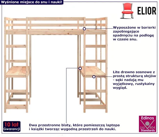 Łóżko piętrowe z 2 biurkami na dole naturalna sosna 140x200 - Kortul 3X