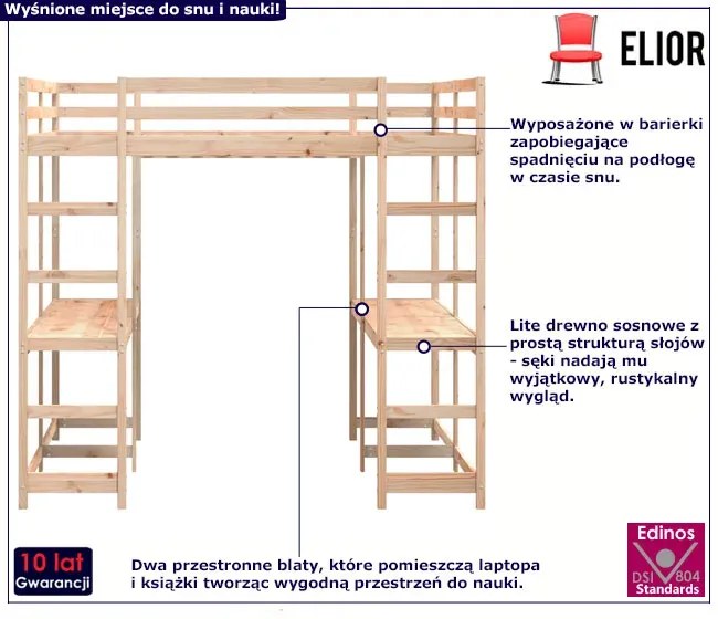Łóżko piętrowe z 2 biurkami na dole naturalna sosna 140x200 - Vasmo 3X
