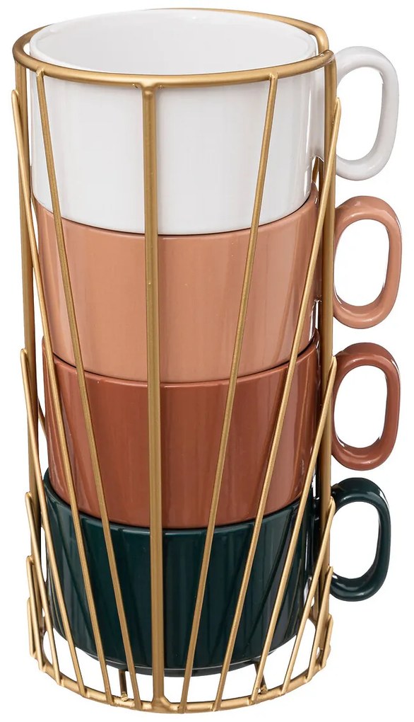 Zestaw 4 ceramicznych filiżanek na stojaku COLL, 250 ml