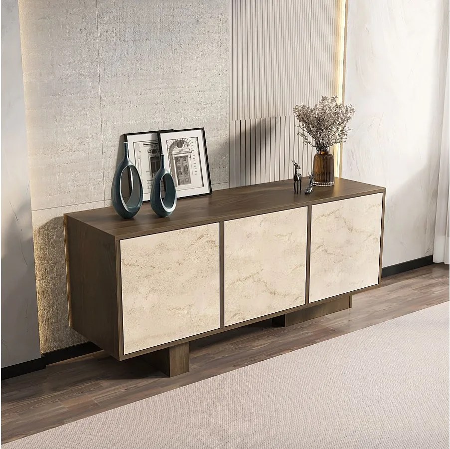 Komoda – 150 cm x 51,5 cm x 45 cm – Orzech i trawertyn – MDF