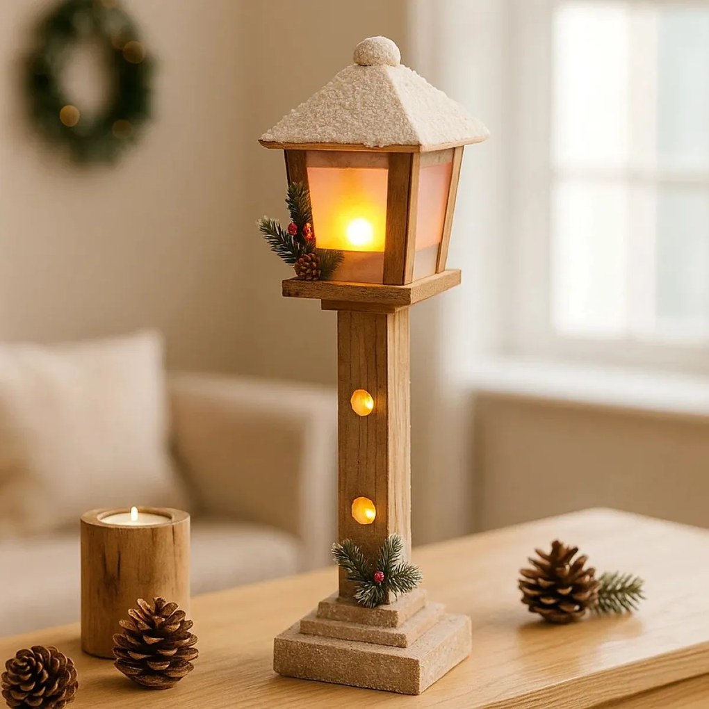Świąteczna dekoracyjna latarnia drewniana z LED, 52 cm