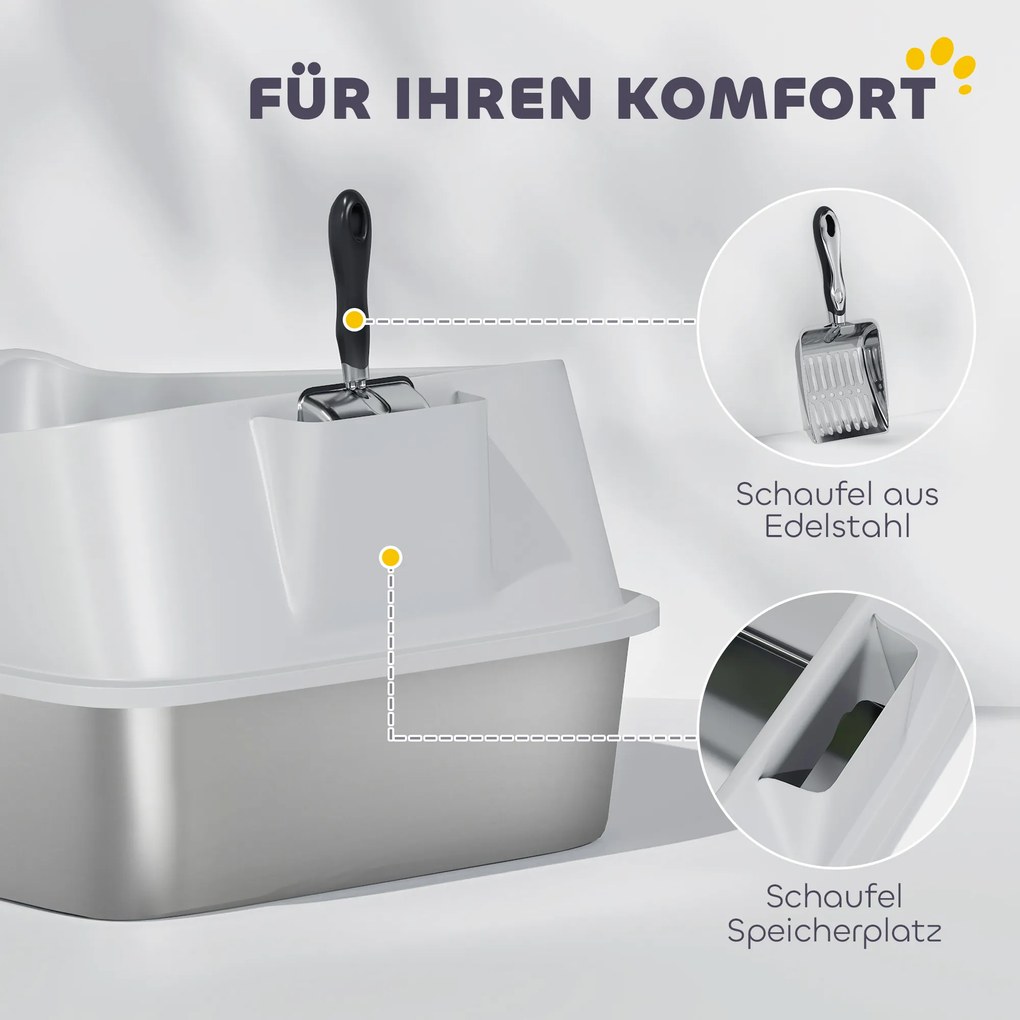 PawHut Kuweta ze stali nierdzewnej otwarta z łopatką, wysoki brzeg dla dużych kotów do 7 kg, 60,2 x 40,2 x 29,7 cm, Szary | Aosom PL