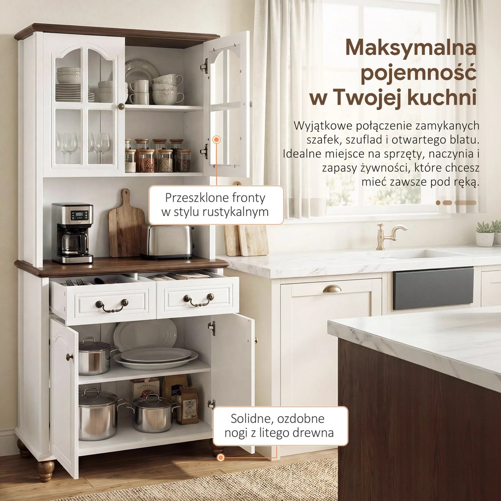 HOMCOM Szafka kuchenna z 2 szufladami, wysoki szafką z otwartą półką, szafka z witryną i funkcją Soft-Close do salonu, kuchni, 76 x 38 x 182 cm, biały