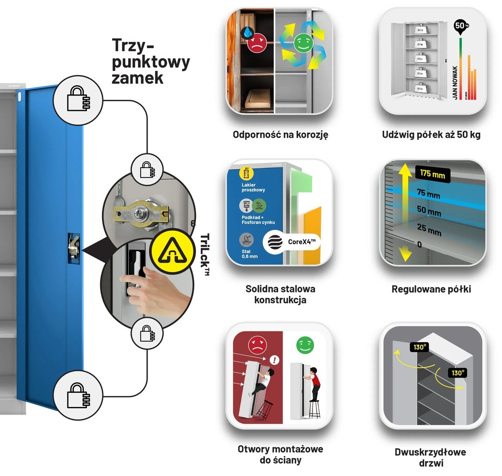 Szafa na dokumenty biurowa metalowa szaro-niebieska: JAN H, 900 x 1950 x 400 mm
