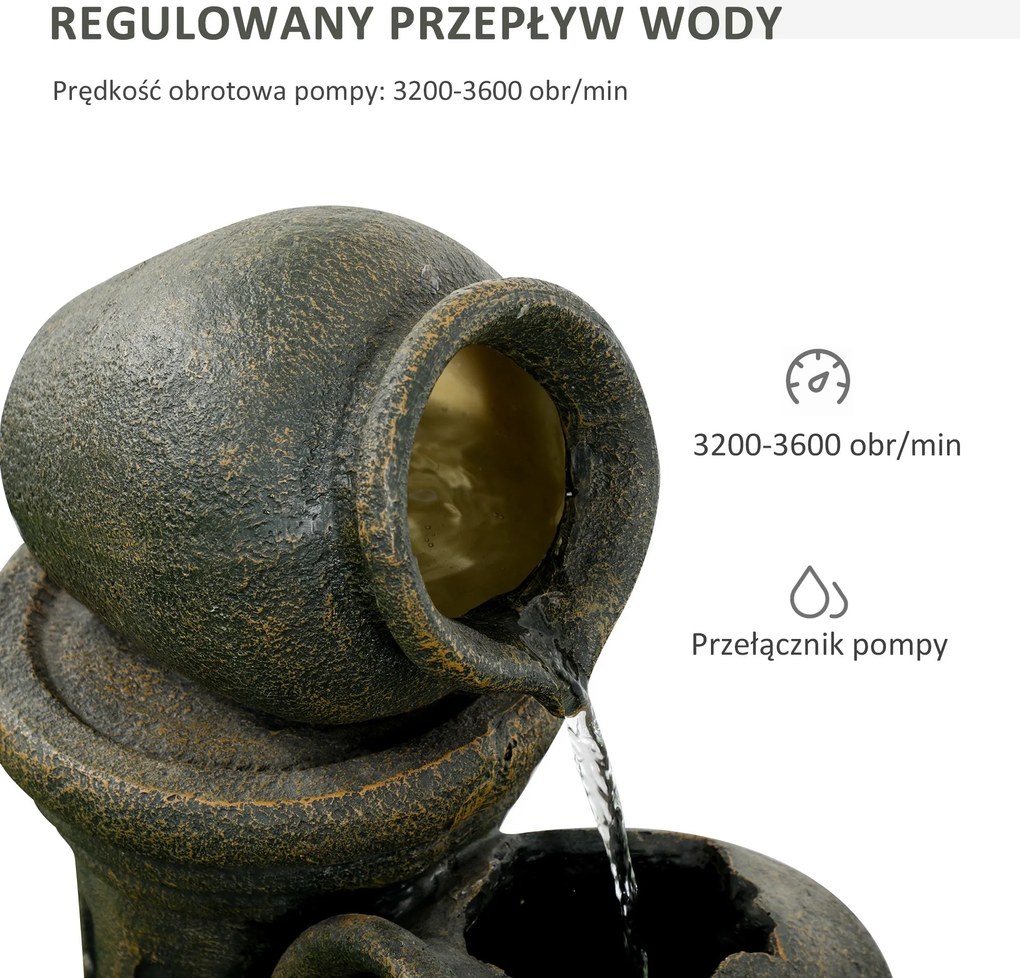 Outsunny Fontanna z Regulowaną Pompą, Odporna na Warunki Pogodowe, 25 cm x 24 cm x 60 cm, Szary
