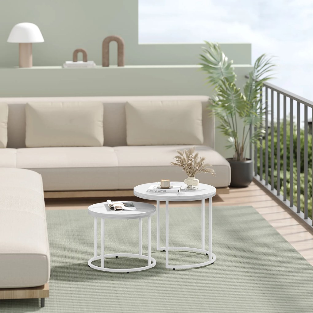 Stolik kawowy okrągły 2szt - marmur / nogi białe