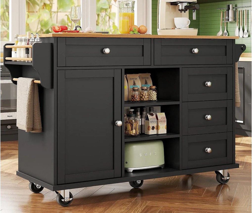 Mobilna wyspa kuchenna - 5 szuflad i 5 przegród - MDF - Czarny