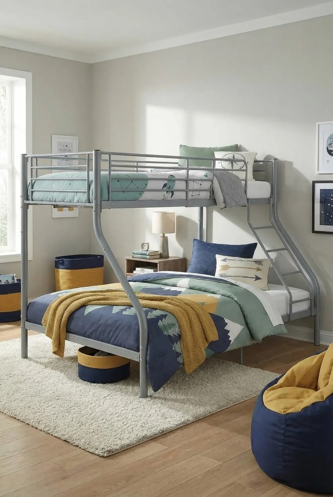 Szare Metalowe Wspólne Łóżko Piętrowe Dla Rodzeństwa 140X200 Cm/90X200 Cm L2-R68