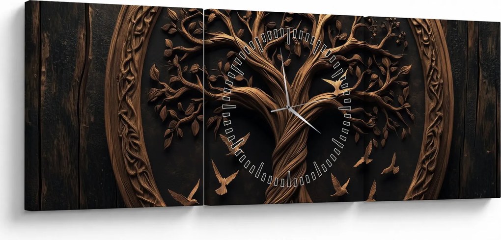Obraz – Drewniane drzewo życia (z zegarem) (90x30 cm)