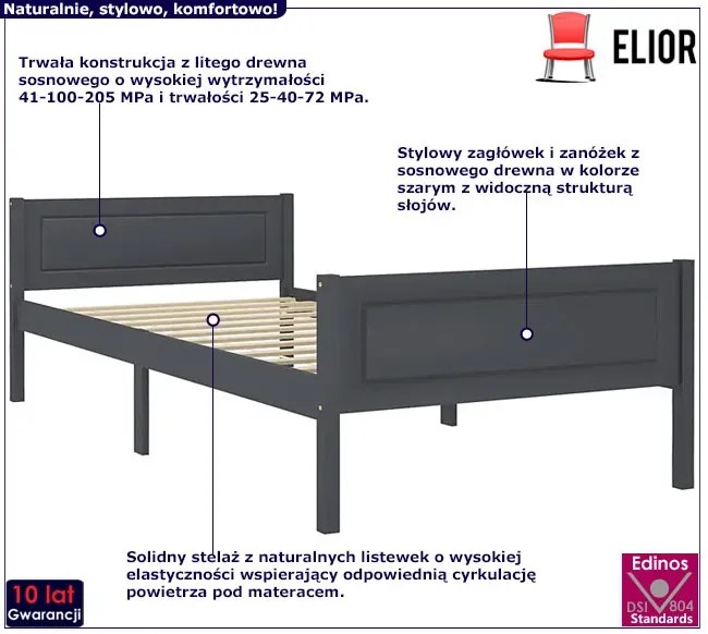 Szare skandynawskie łóżko z drewna 120x200 R9-G19