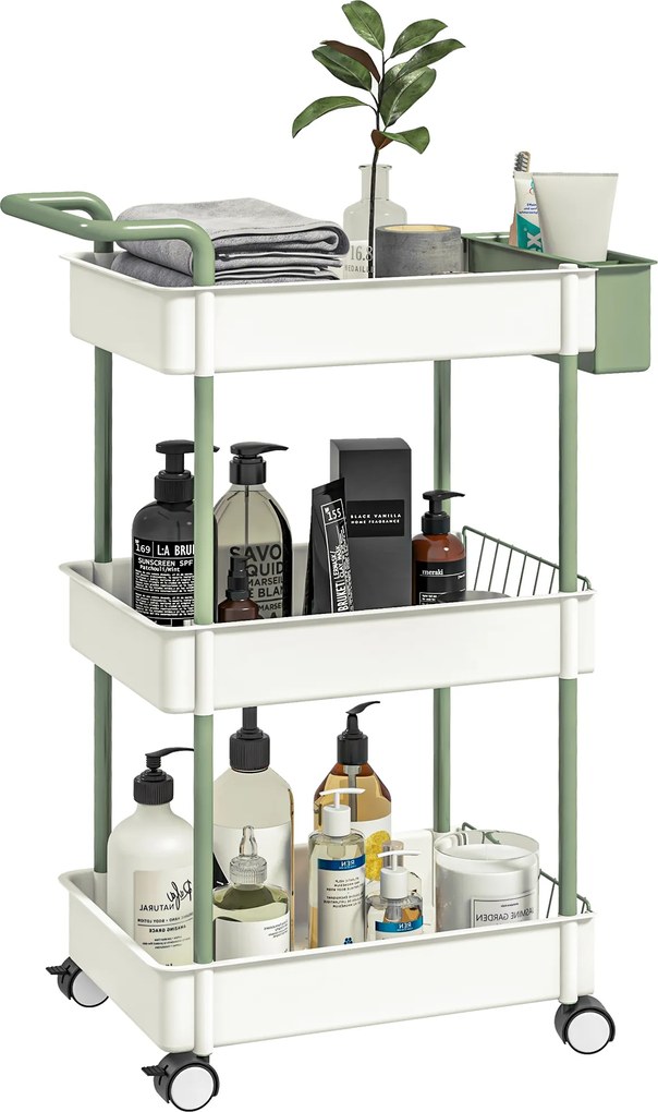 HOMCOM Wózek Kuchenny na Kółkach 3 Półki Koszyk Biały z Uchwytem | Aosom PL