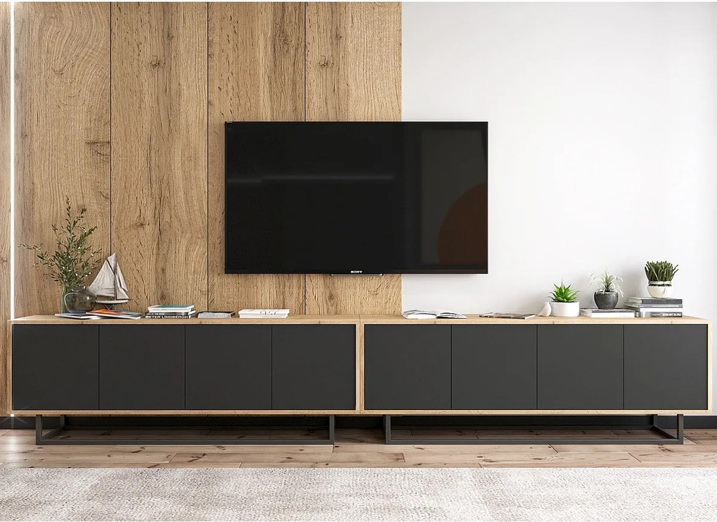 Szafka RTV z 8 drzwiami - korpus dąb wotan, fronty czarny mat - 300 cm, metalowy stelaż