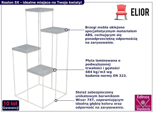 Metalowy stojący kwietnik do salonu biały + beton Relva