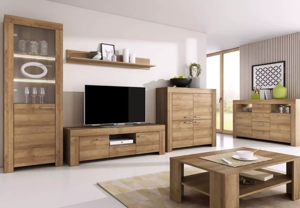 Szafka RTV Seel + półka wisząca 155 cm dąb riviera nowoczesny zestaw do salonu
