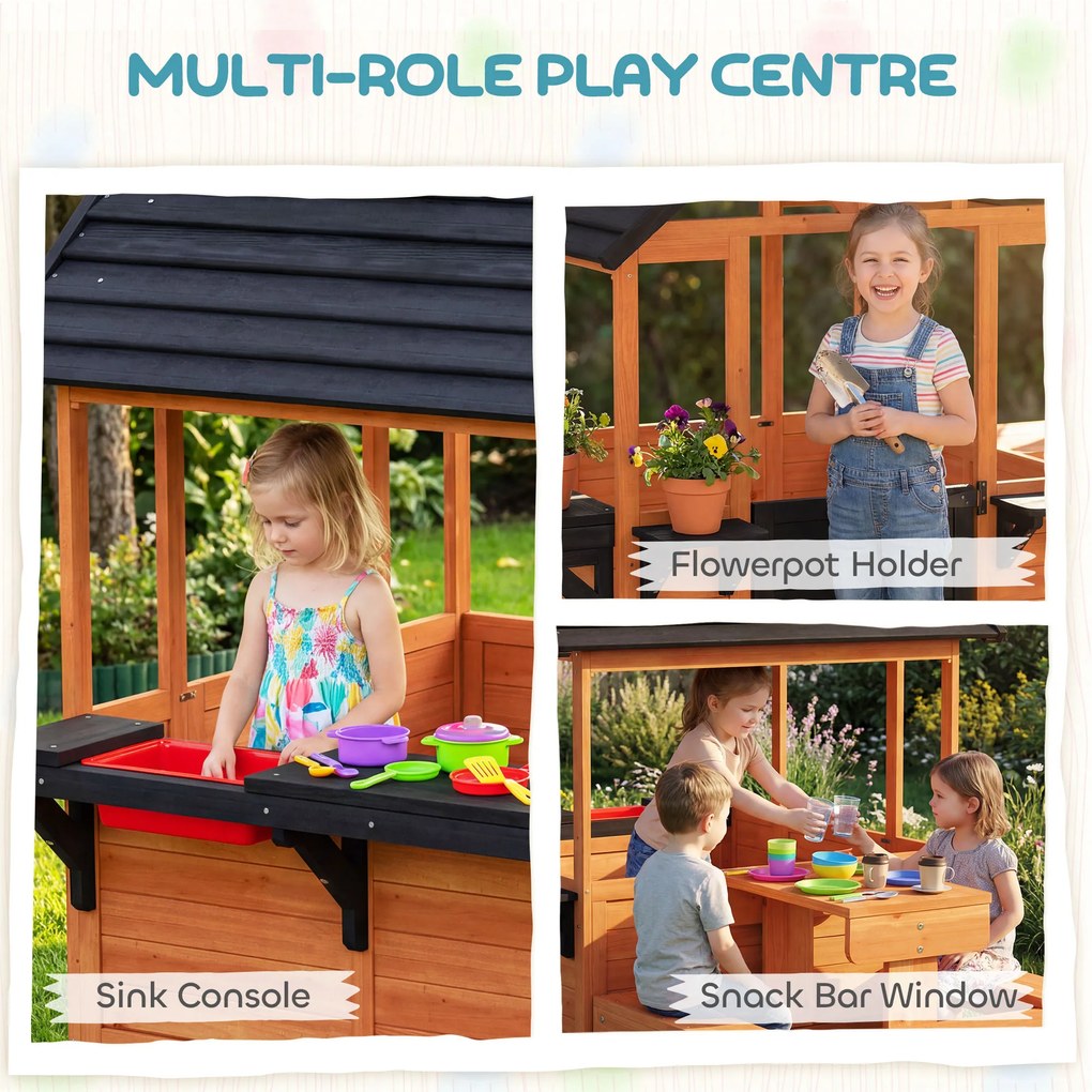 AIYAPLAY Domek ogrodowy z drewna dla dzieci z ławkami, stołem, zlewem, oknem, stojakiem na doniczki dla dzieci w wieku 3-8 lat, jasnobrązowy | Aosom PL