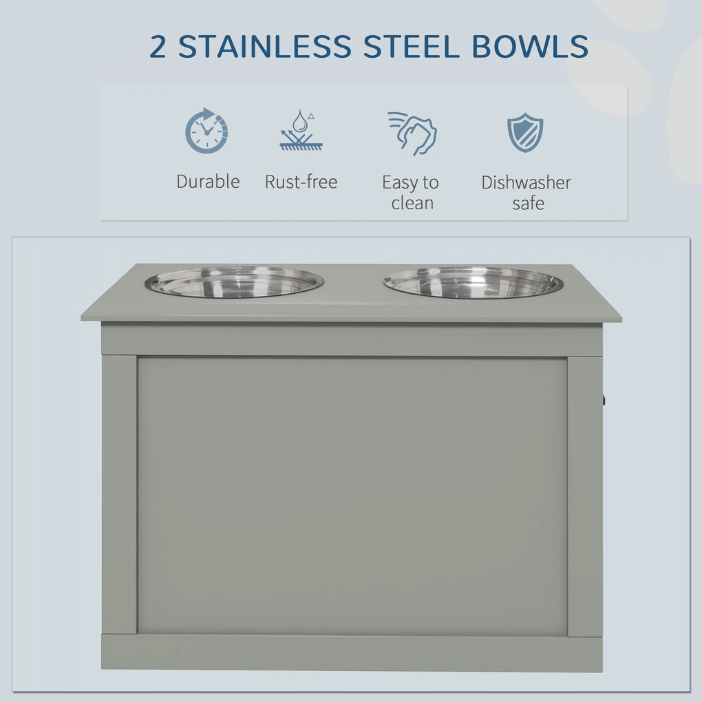 PawHut Stacja Karmienia Podwyższona z 1 Schowkiem i 2 Miskami ze Stali Nierdzewnej, 60 cm x 30 cm x 41 cm, Szary