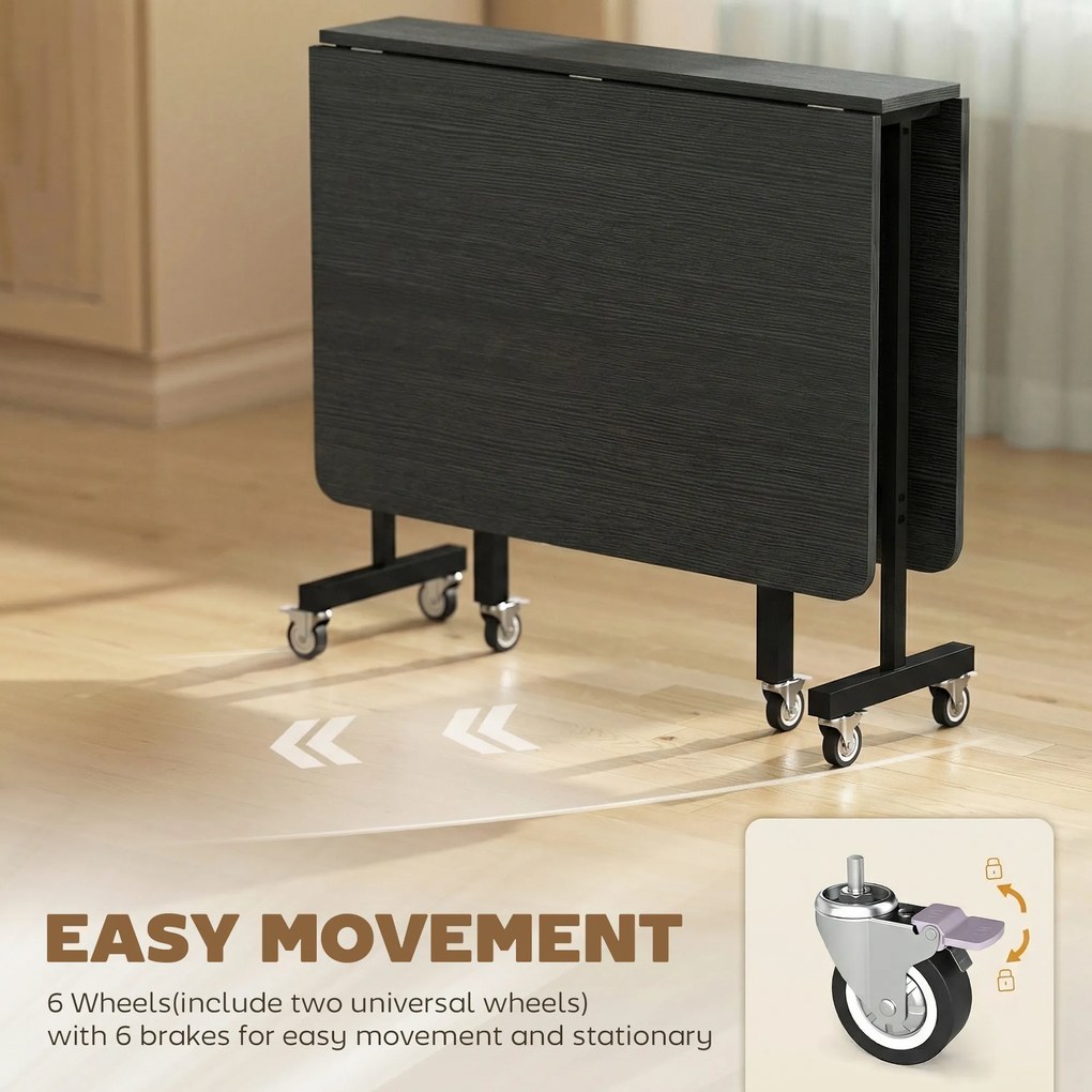 HOMCOM Składany Stół Jadalniany dla 4-6 Osób z 6 Kółkami Mobilny Stół do Małych Przestrzeni 120x80x73 cm Czarny | Aosom PL