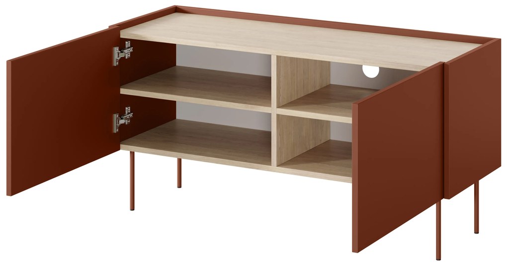 Szafka RTV Desin 120 cm z metalowymi nogami - czerwony / ceramic red / dąb nagano