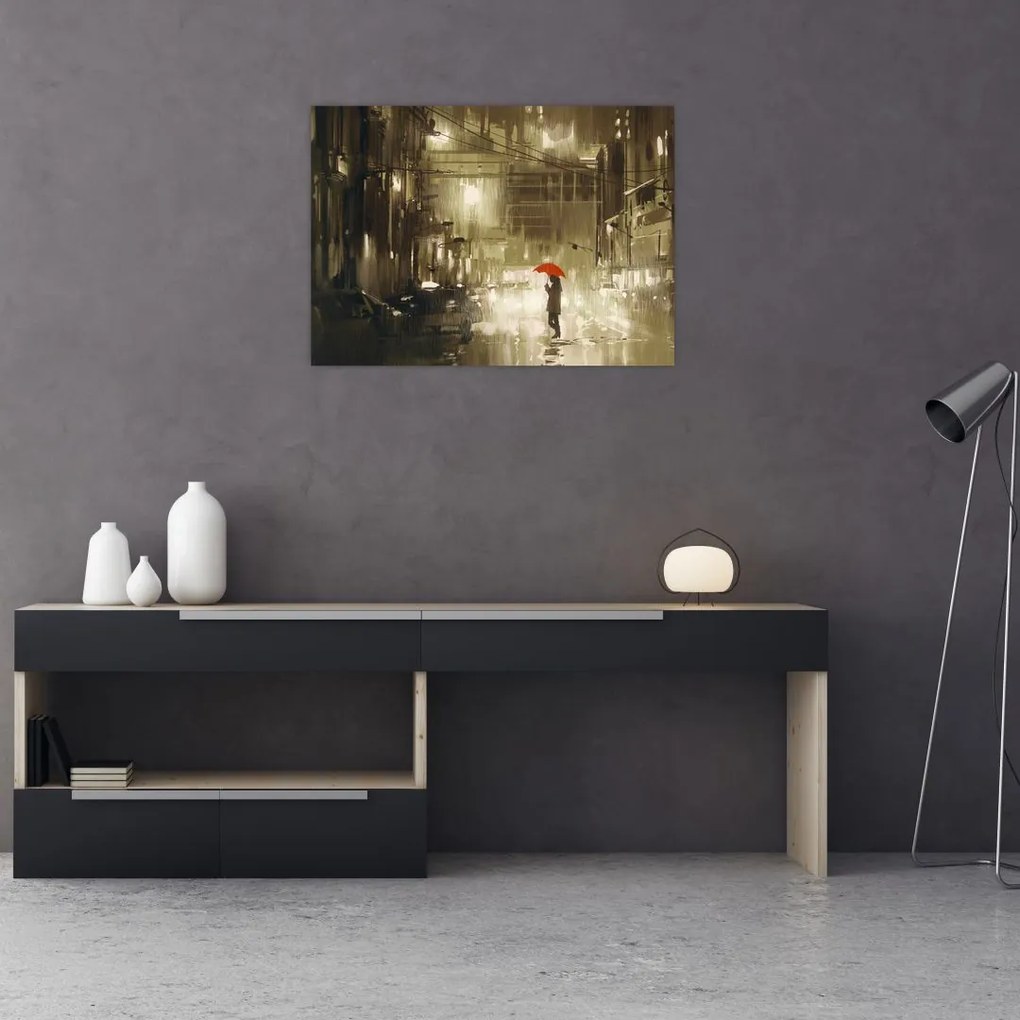 Obraz na szkle - Kobieta w deszczową noc (70x50 cm)