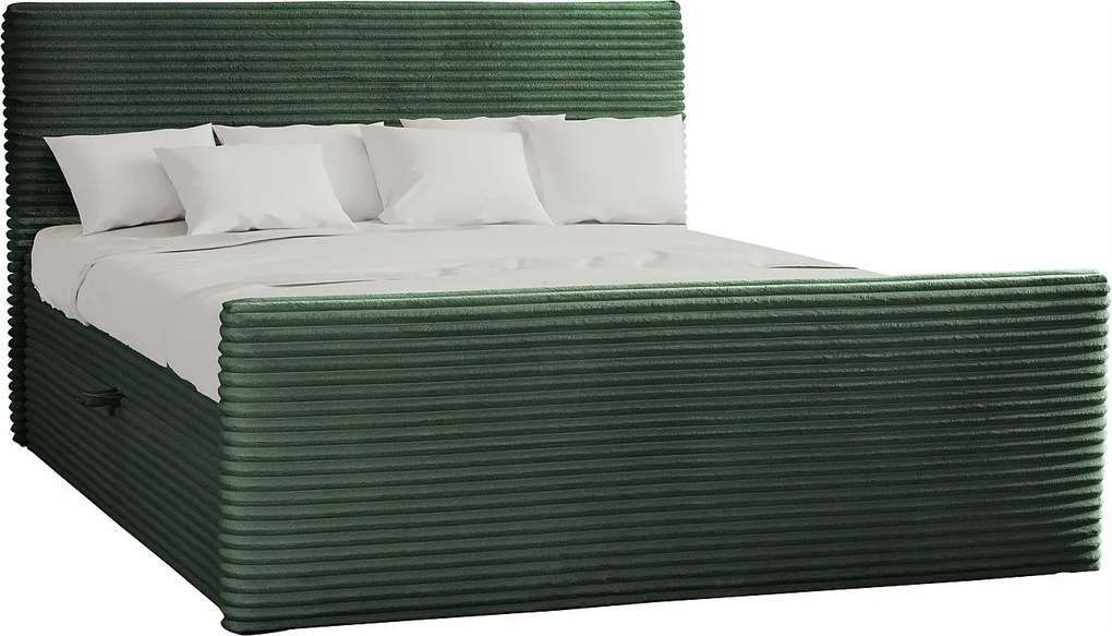 Łóżko kontynentalne z pojemnikiem i topperem TRENTO, pluszowy sztruks VELO, 120x200 cm, Zielony, H3-Bonell
